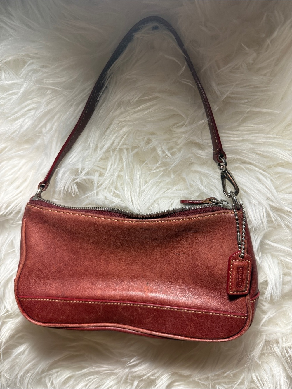 Coach Vintage Rust Red Leather Shoulder Bag with Chain Tag